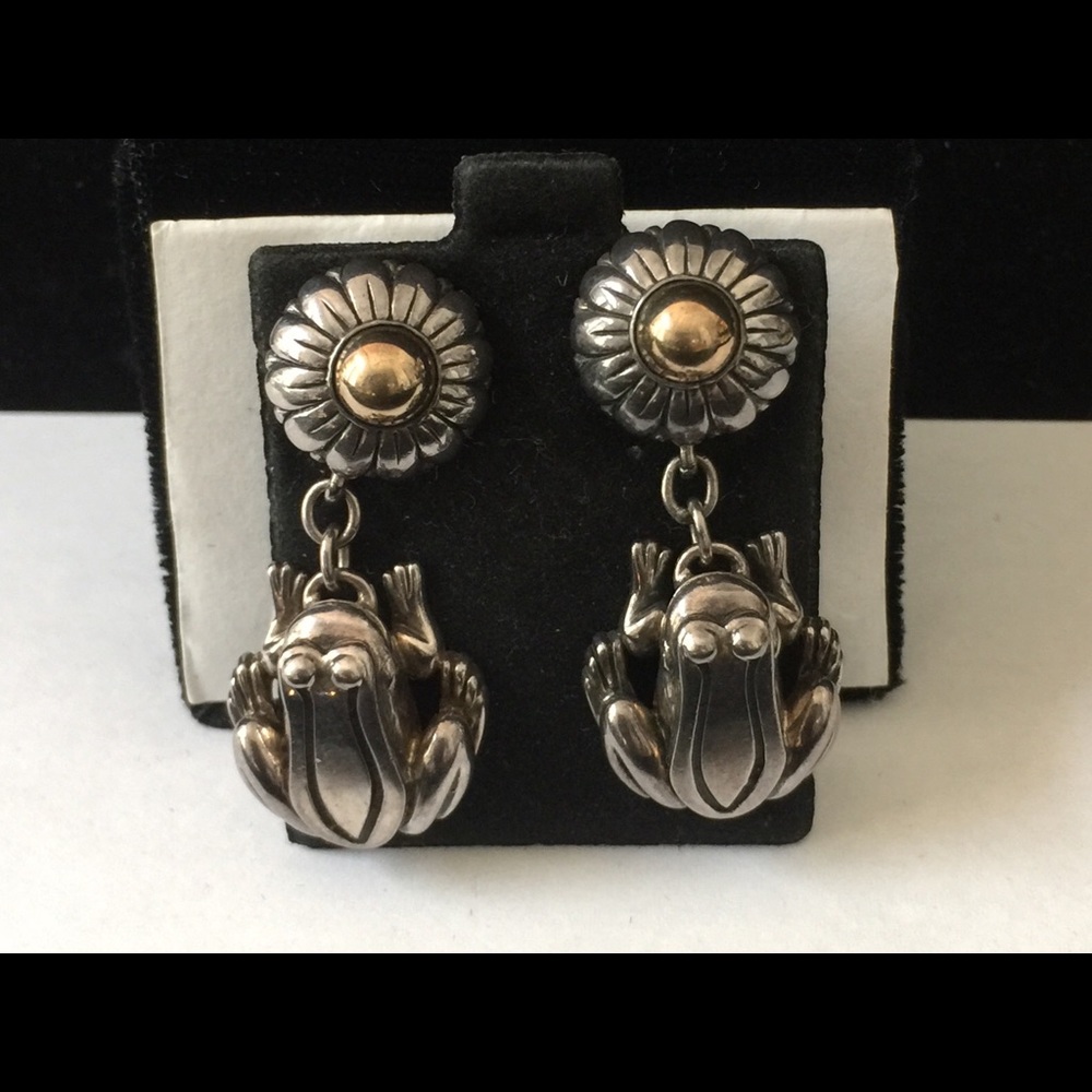 Barry Kieselstein Sterling and 14k Designer Frog Dangle Earrings - Picture 2 of 3